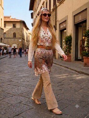 Yerse Bohemian Paisley Floral V-Neck Tunic Dress - Size EU 38